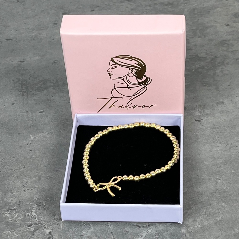 NEW Gold Beaded Bracelet Women 14K Jewelry Gifts Bow Charm Stretchy‎ Ball Chain